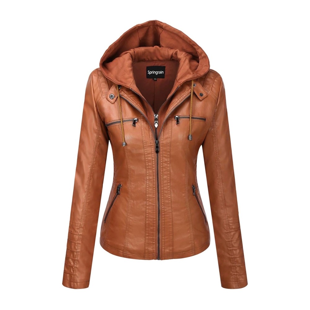 Springrain Womens Faux Leather Moto Jacket Removable Hood Cognac Brown Size XL